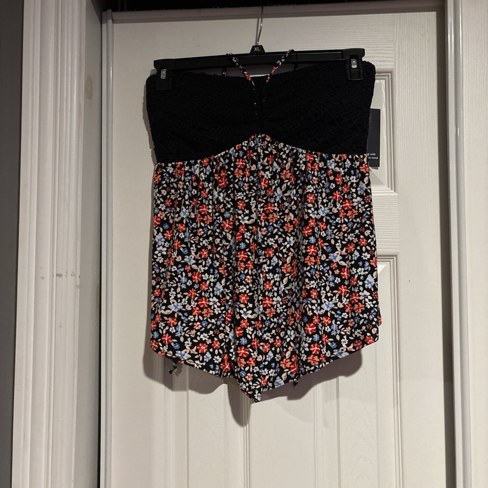 Strapless Floral Romper with Crochet Bodice  tie neck - Black & Red Floral